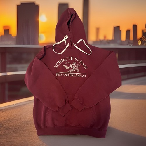 Schrute Farms Bed & Breakfast The Office Hoodie, Maroon Sz M (minor flaw)