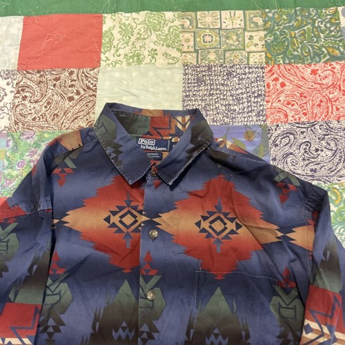 VINTAGE Polo Ralph Lauren Shirt Men’s 2XL Blue Chambers Aztec Southwestern - Picture 2 of 11