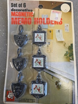 6 Mini Black Plastic Trivet Collectible Refrigerator Magnets 1970 NOS Vintage