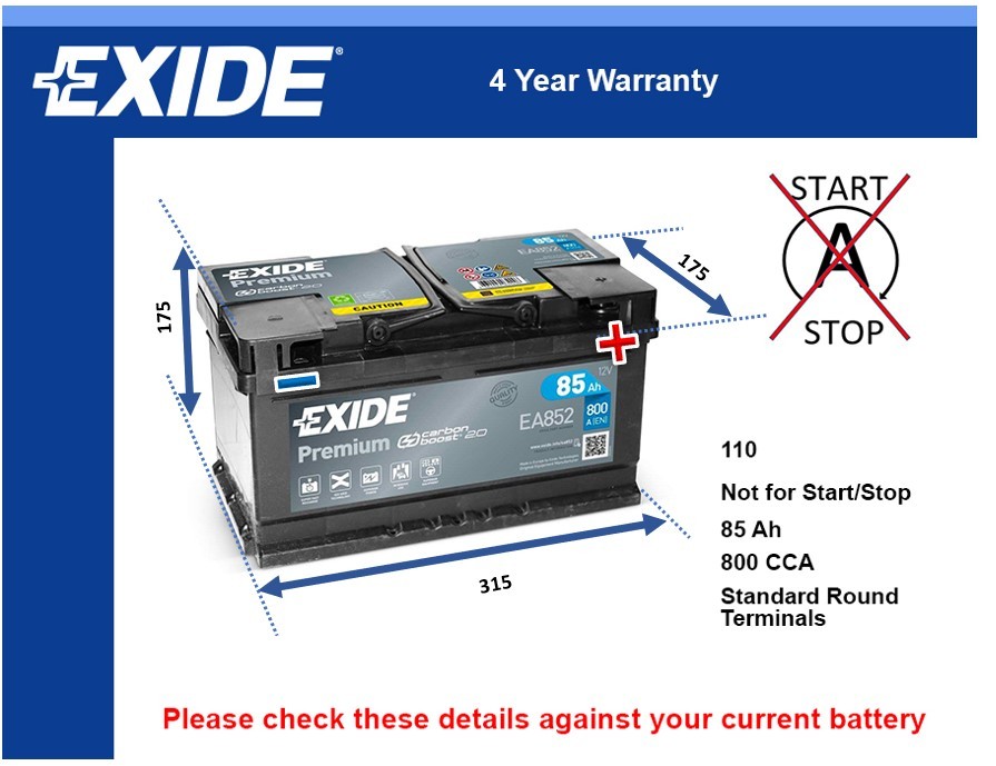 Battery fits RAM 1500 5.7 2018 on Exide 110 800A 85Ah 4Yr Warranty 315x175x175