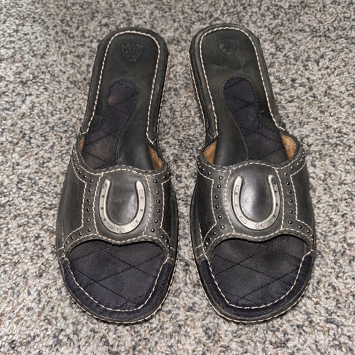 Ariat GO Slide Black Sandal Leather Platform Wedge Horseshoe Women Size 10