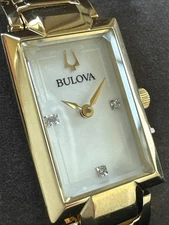 Bulova Bangle Ladies Diamond Gold Plated Stainless Quartz Watch 97P141