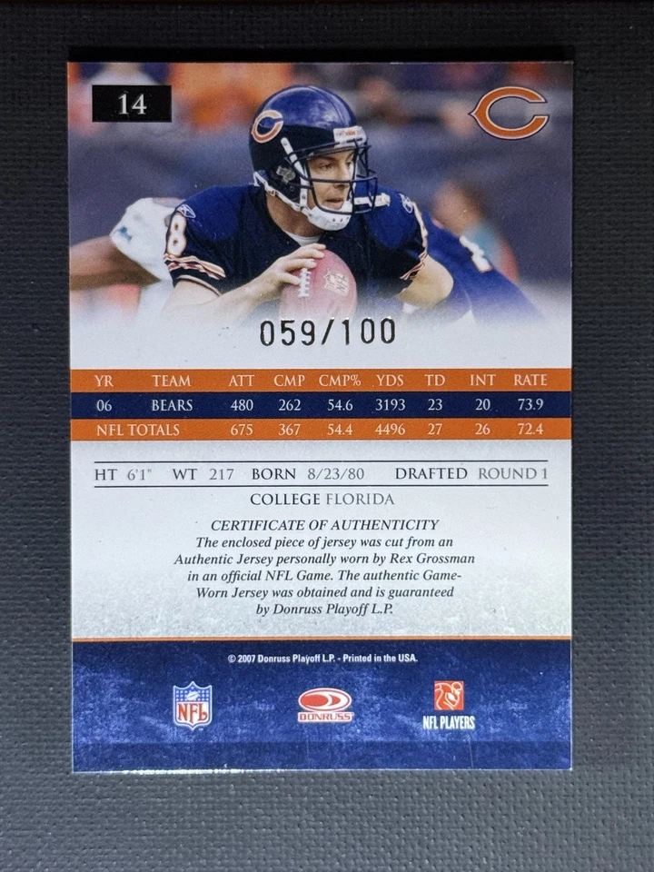 2007 Donruss Gridiron Gear #14 Rex Grossman Jerseys O's /100 Chicago Bears - Image 2 of 2