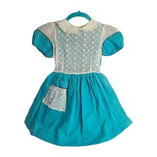 Vintage 1940's Grammar Girl School Dress Smocked Blue Collar Lace Buttons Size 7