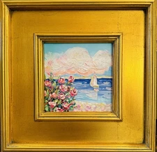 KADLIC Original Oil Painting Seascape Flowers Impasto Gold Gilt 12” Frame