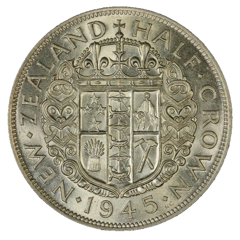 New Zealand, 1945 George VI Half Crown, 1/2 Crown. PCGS MS 62 420,000 Mintage.