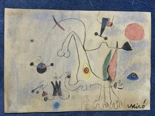 joan miro drawing and painting on old paper signed stamped vintage