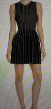 395 THEORY Lustrate Black White Stripe Rib Knit Mini Dress Fit Flare Stretch L