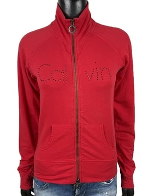 Calvin Klein jeans sweat-shirt femme S rouge zippé logo strass coton... - Photo 1/4