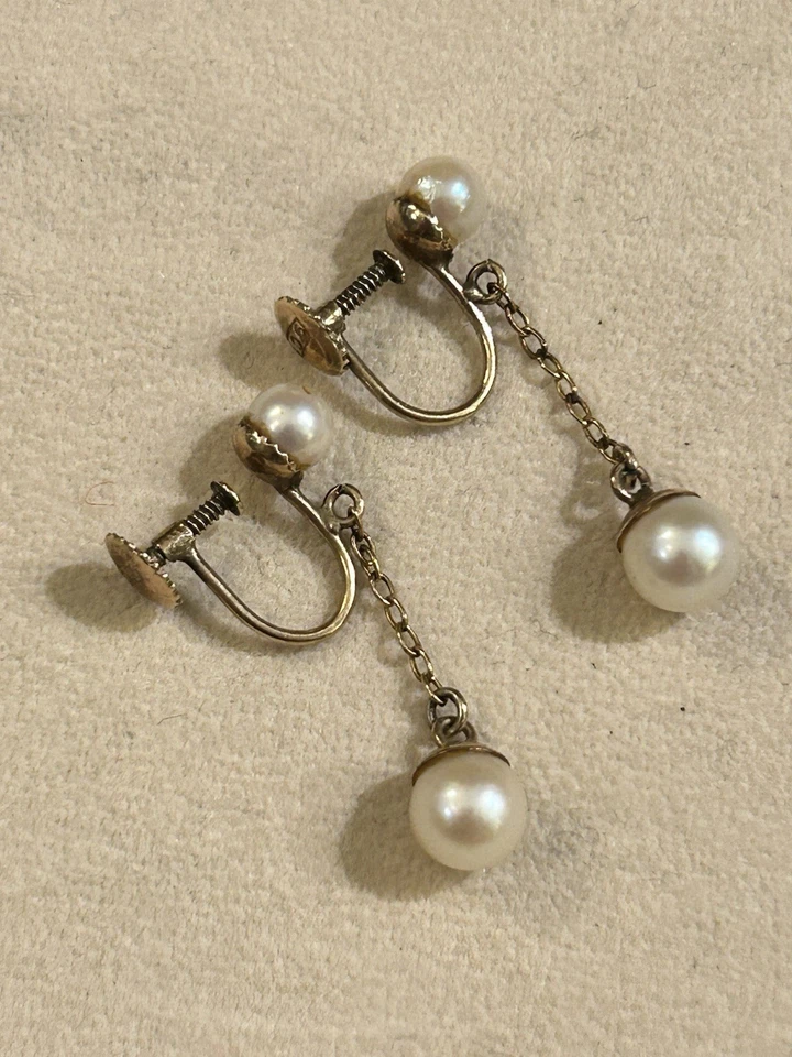 Pendientes antiguos de perlas de oro de 9 quilates 9k 375 Foto 3 de 4