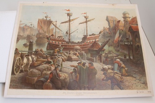 Schulwandtafel Lehrtafel Tafel Im Hafen einer Hansastadt 15.Jh Wachsmuth Leipzig