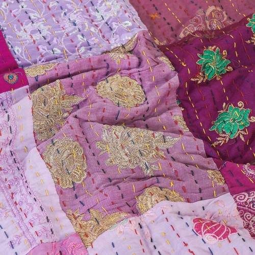 Indian Vintage Cotton Khambadia Patchwork Purple Kantha Quilt Bedspread Blanket - Picture 4 of 5