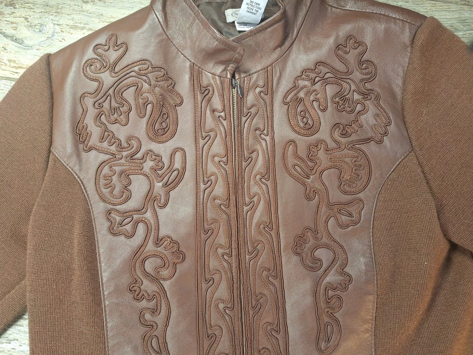 Stonebridge Chaqueta Suéter de Cuero y Tejido para Mujer GRANDE Mangas Tejidas Cremallera Marrón Foto 2 de 4