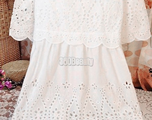 Womens Hollow Lace Crochet Short Sleeve Floral Party Mini Swing Dress Shirt Tops - Picture 5 of 5