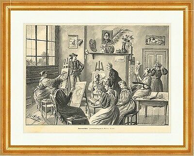 Damenmalschule Müller Stafflei Modell Trachten Kunst Pinsel Holzstich E 16009
