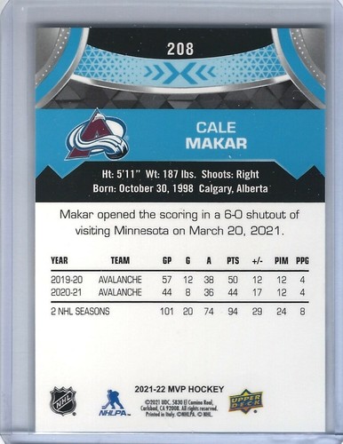 2021-22 Upper Deck MVP #208 Cale Makar SP - Picture 2 of 2