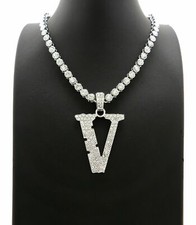 Hip Hop Silver Uzi Vert V Pendant  Iced 18" Big CZ Choker Chain Bling Necklace
