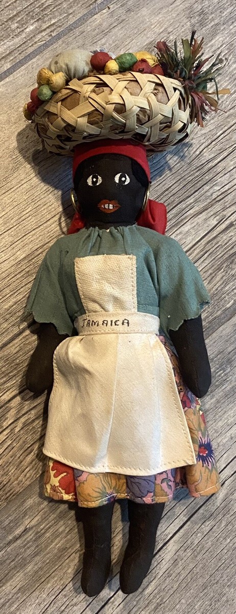 Vintage 1960's Jointed Black Cloth Jamica Woman Doll w/ Fruit