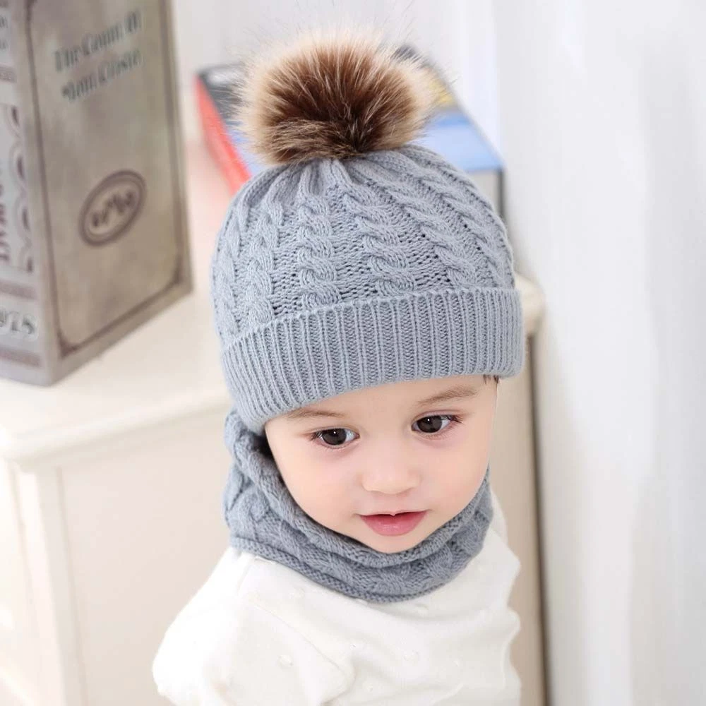 Fur Pom Beanie Hat Kids Cap Scarf Set Knit Hats Hedging Hat Scarf