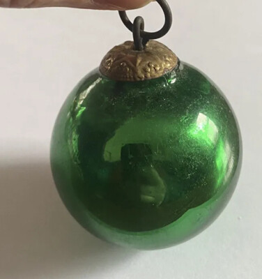 Antique TINY 1-1/2  Green German Kugel Brass Cap Tree Ornament