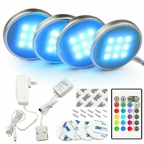 4Pcs RGB LED Under Cabinet Lights Closet Puck Colour Changing Shelf Lighting Kit - Picture 1 of 12