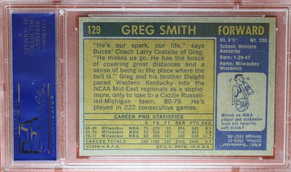 1971 Topps basketball card GREG SMITH #129 PSA 9 MINT (INCREDIBLY RARE CARD) - Image 2 of 2
