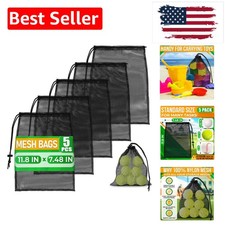 5Pcs Small Mesh Bags Drawstring Black Nylon   11.8x7.48" Secure Cinch-Top, Me...
