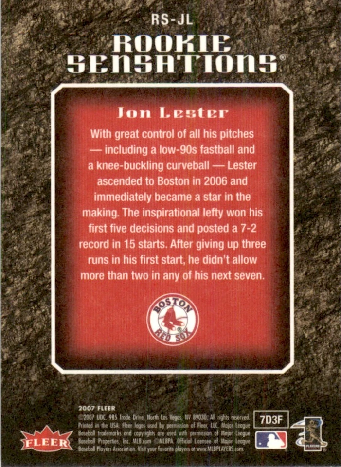 2007 Fleer Rookie Sensations #RS-JL Jon Lester Boston Red Sox - Image 2 of 2