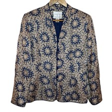 Adrianna Papell 100 Silk Size 10 Navy Blue Beige Button Front Evening Jacket