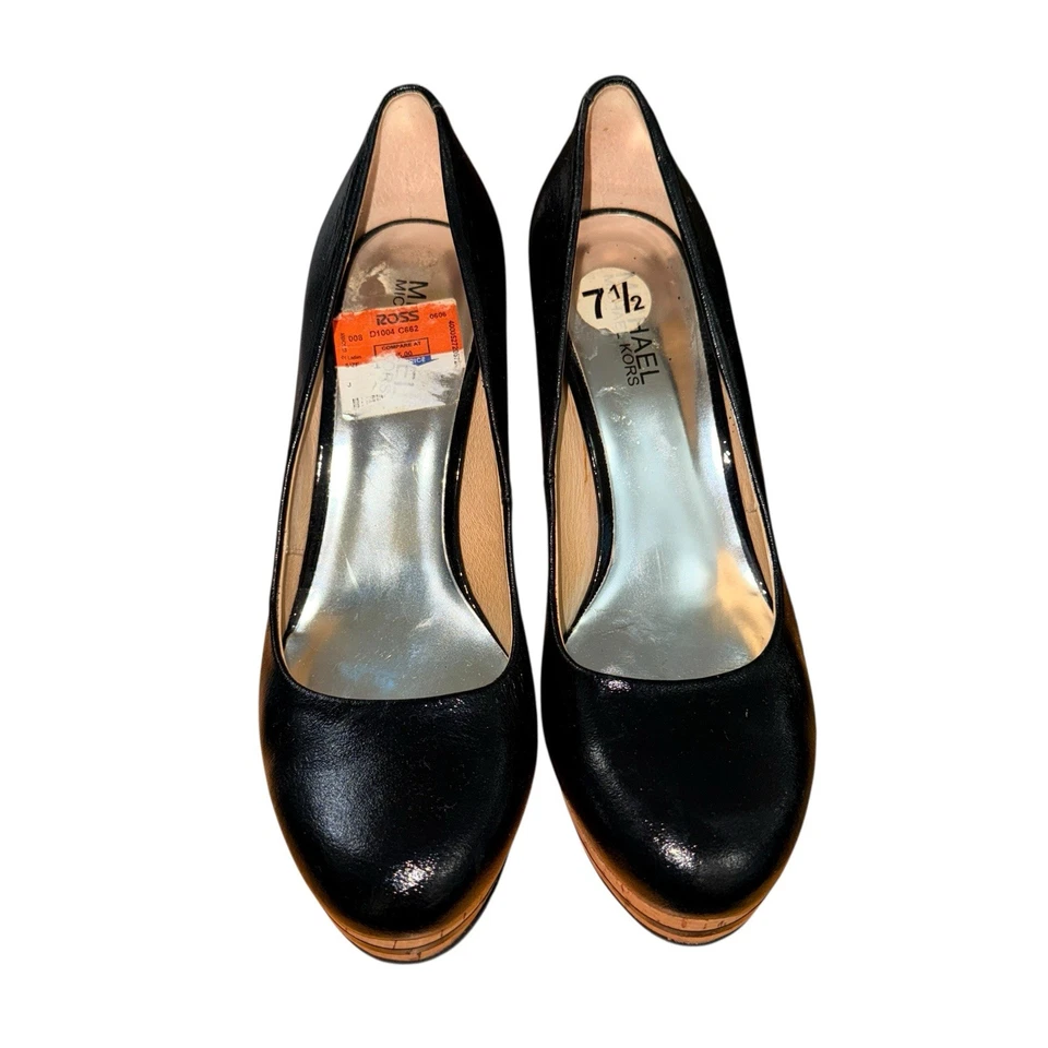 MICHAEL KORS MUJER 7M USADO NEGRO Cuero Dermott Rayas Corcho Plataforma BOMBA Foto 4 de 4