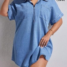 Women’s Blue Denim Collared Shirt Dress Zip Front Short Sleeve Plus 3XL
