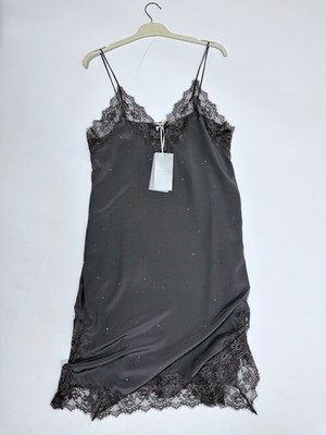 Zara Grey Silk Slip Nightgown Lace Trim Camisole Lingerie Dress Women Size M / L
