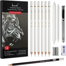 White Charcoal Pencils Set - 12 Piece Sketch Highlight White Pencils Set for ...