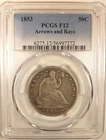 1853 Arrows & Rays 50c PCGS F12 Liberty Seated Half Dollar