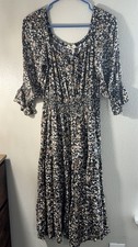 Indigo Rose Floral Fit & Flare Midi Dress Ruffle 3/4 Sleeve Tie Size M
