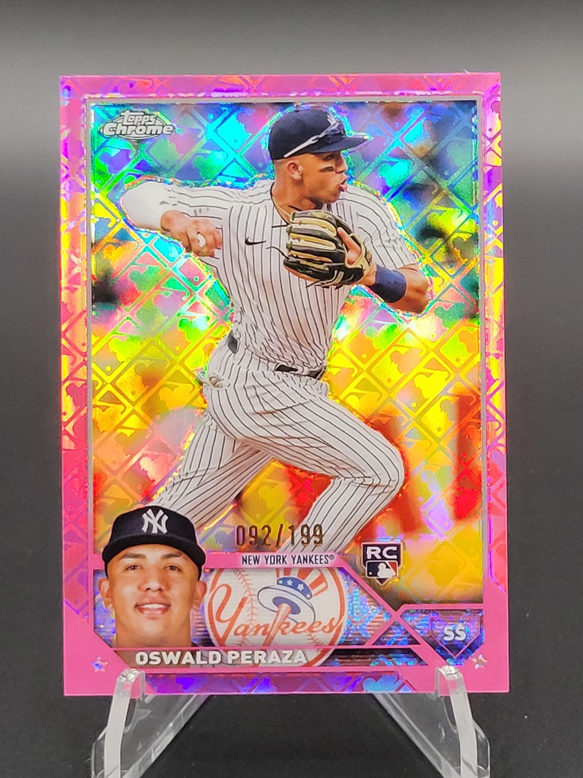 Oswald Peraza RC 2023 Topps Chrome Logofractor Rookie Card Pink Refractor 92/199
