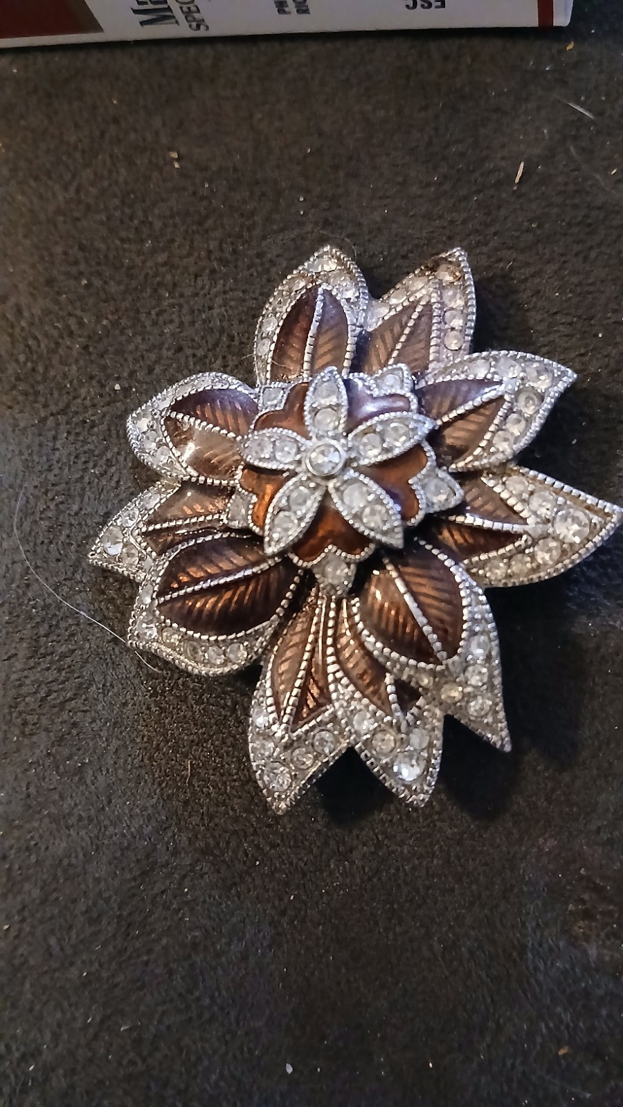 Vintage Monet Signed Silver Tone & Enamel Flower Brooch Pin w/ Clear Rhinestones