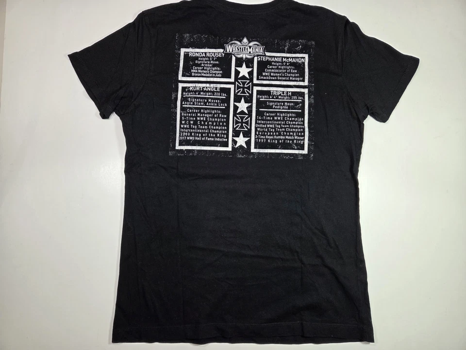 Camiseta WWE Wrestlemania 34 Stephanie McMahon HHH Kurt Angle Ronda Rousey WMN XL Foto 3 de 3