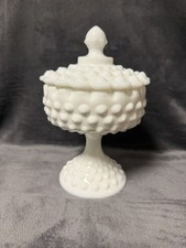 Vintage Fenton Hobnail Milk Glass Covered Can...