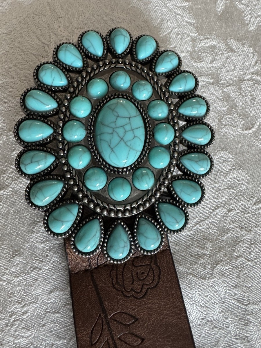 Brown Western Belt Turquoise Buckle Floral Engraved Beaded  display picture 1