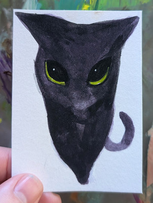 ACEO Original Black Cat Kitten Kitty Weird Miniature Art