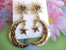 Shiny Purple MOON and STAR Cosmic Gold Rhinestone Crescent Moon Earrings NWT