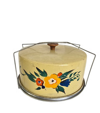 Vtg MCM Carlton Floral Hand Painted Aluminum Cake Carrier Yellow Wood Top Rustic