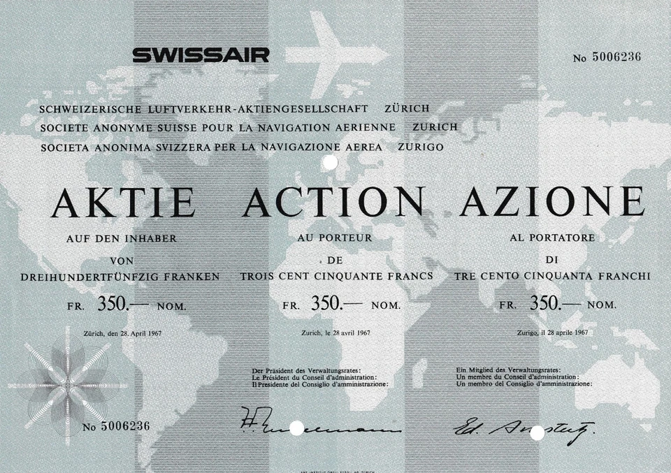 Schweiz Swissair Fluglinie Luftfahrt Transport hist. Aktie Zürich 1967 airline - Bild 2 von 3