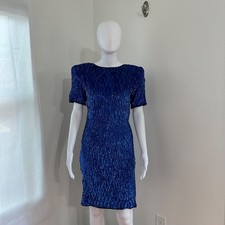 Vtg 80s Blue Sequin Shoulder Pads Sheath Dress Retro Cocktail Sparkly Glam Party