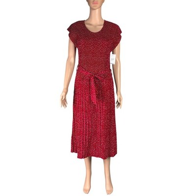 NWD Kindred Midi Dress XL Red White Polka Dot Tie Waist Pleated Slip Stretch