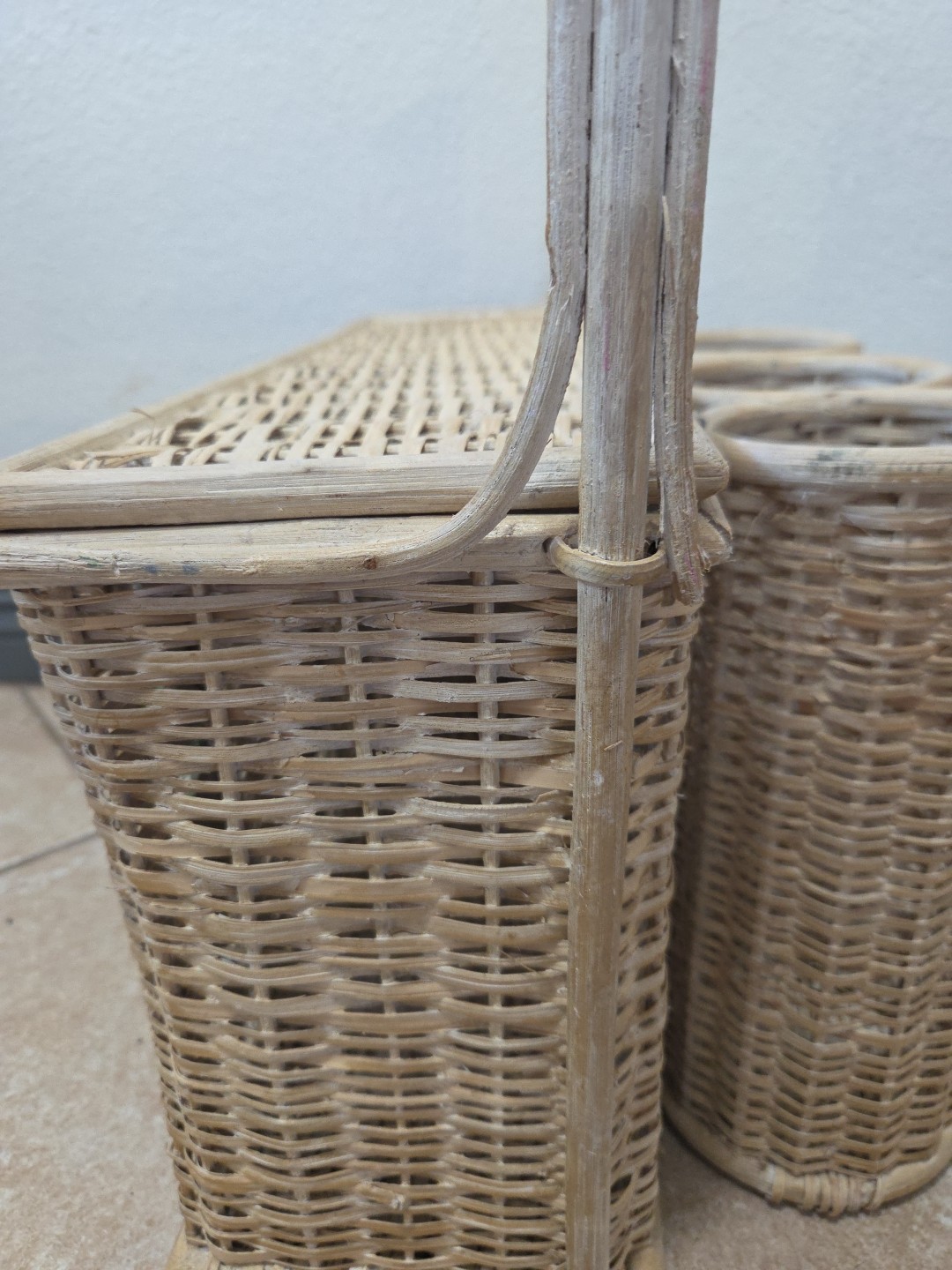 Vintage Wicker Basket Utensils Caddy with Fruit Design Apple, Grape, Orange 17"