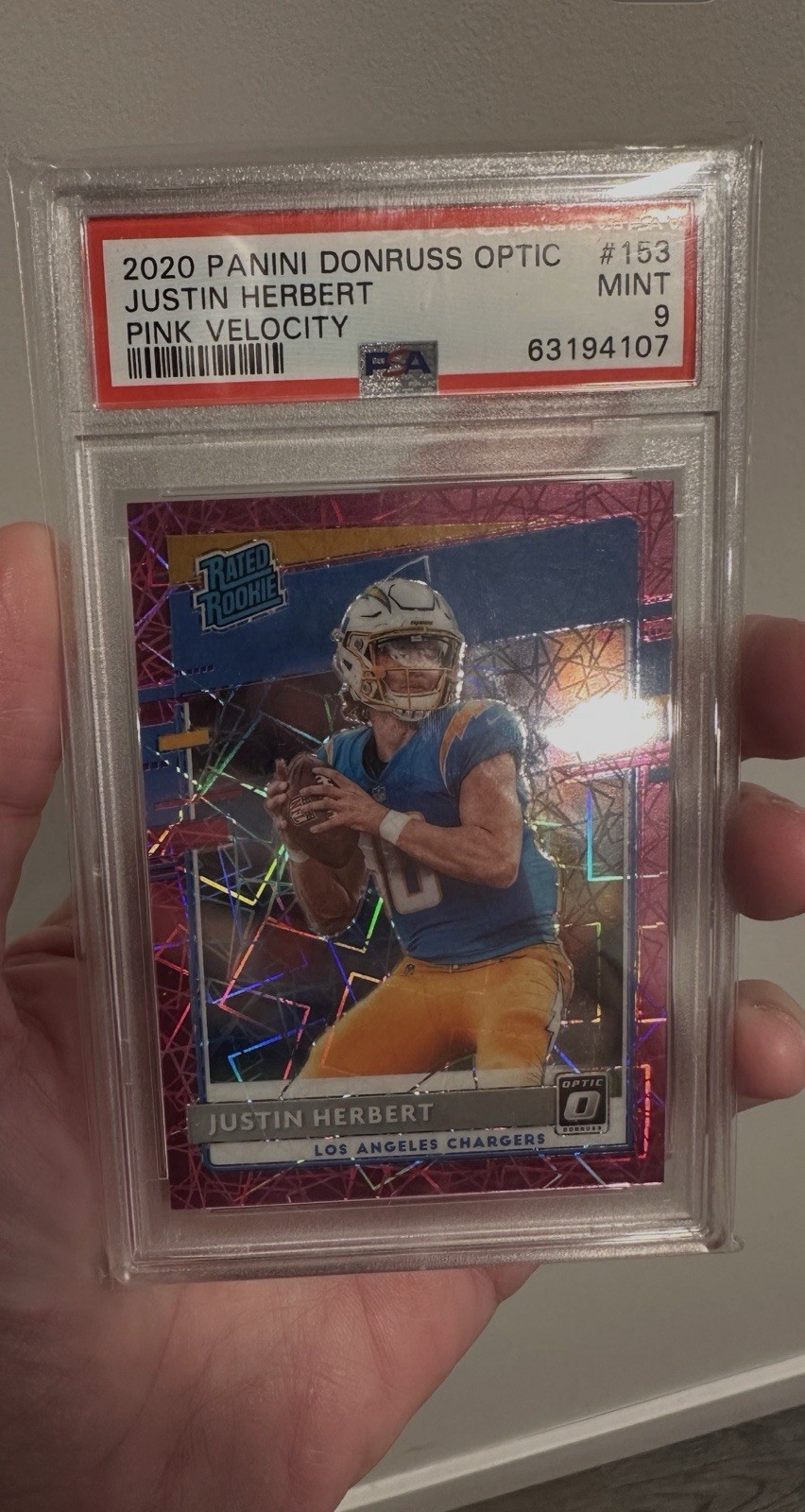 2020 Donruss Optic JUSTIN HERBERT #153 Pink Velocity Rated Rookie /79 PSA 9