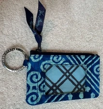 VERA BRADLEY Top Zip Keychain Card Holder Wallet - Cuban Tiles Blue New