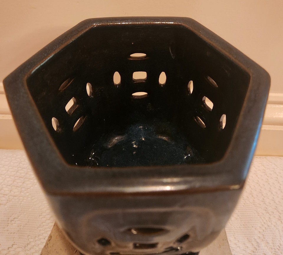 Dark Blue/Green Orchid Pot Planter w Holes & Attached Drip Tray Pottery